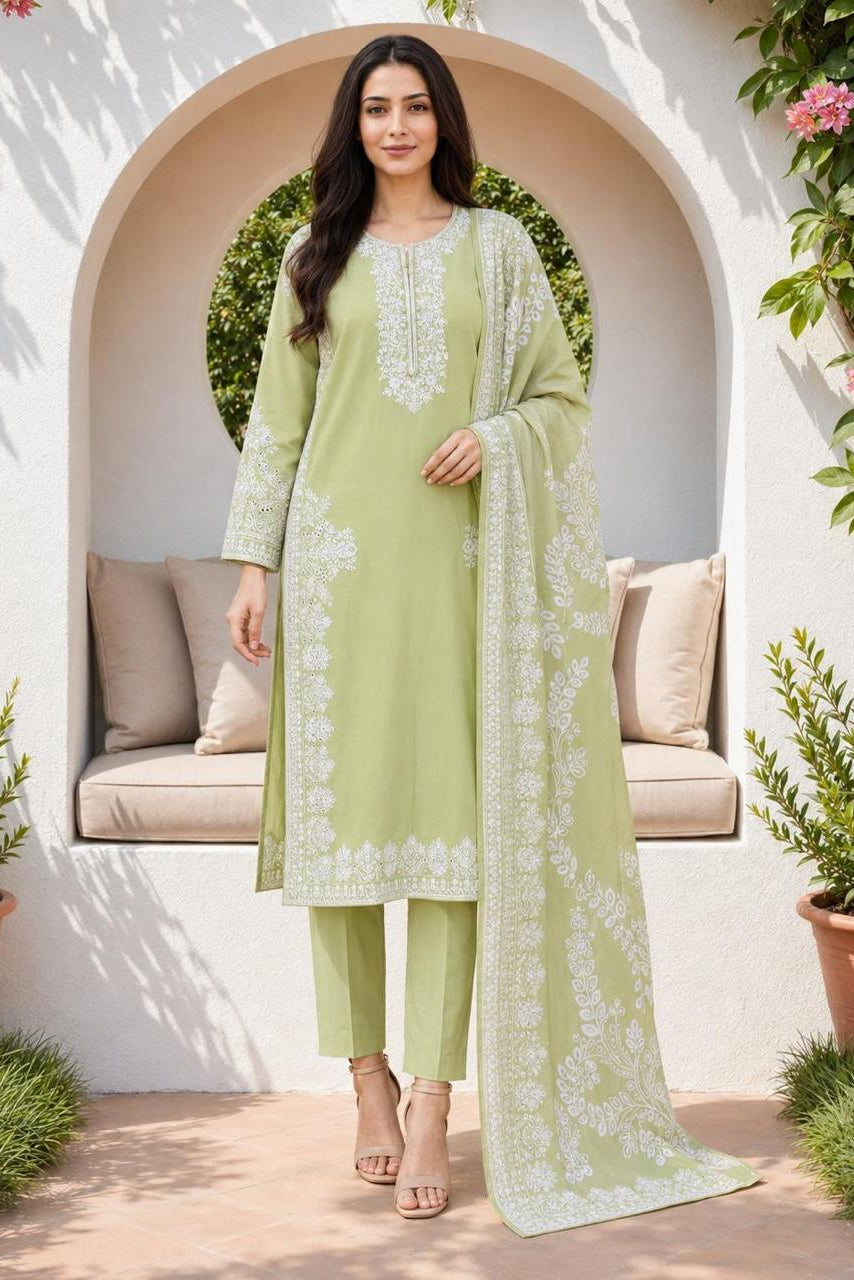 Sage Green Chikankari Embroidered Lawn 3-Piece Suit