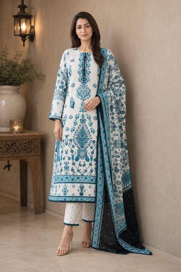 Teal Floral Printed Lawn 3-Piece Suit with Dupatta