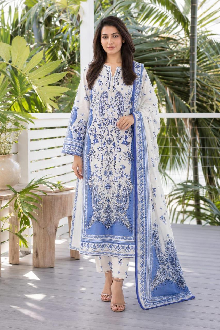 Blue Paisley Printed Lawn 3-Piece Suit with Dupatta