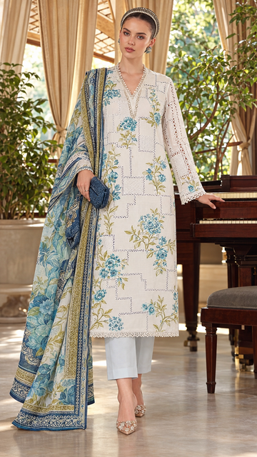 Ivory Blue Floral Printed 3-Piece Suit – Customized Stitched | Ayesha Boutique